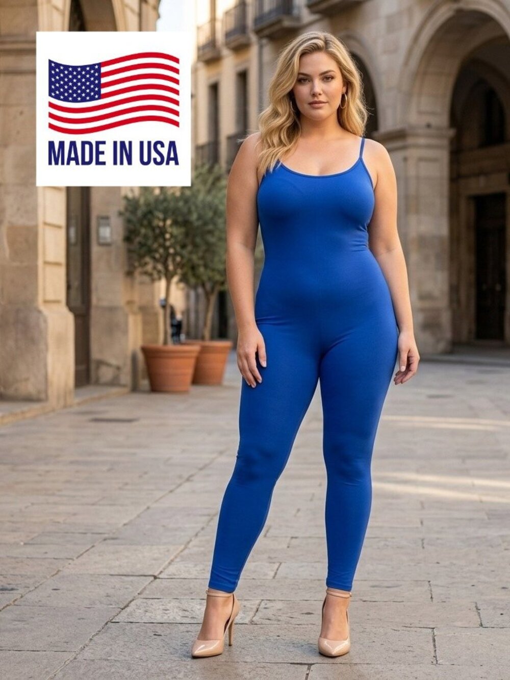 Women's Jumpsuit plus size Bodycon Spaghetti Straps Footless Cotton Blue 3X